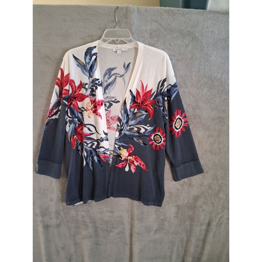 Chicos Beachy Coastal Cardigan Lg Floral Blue Red Light Knit Open 3/4 Sleeve